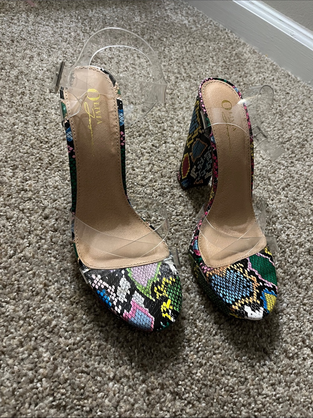 Qupid Multicolor Snake-Print Block Heel Sandals with Clear Straps